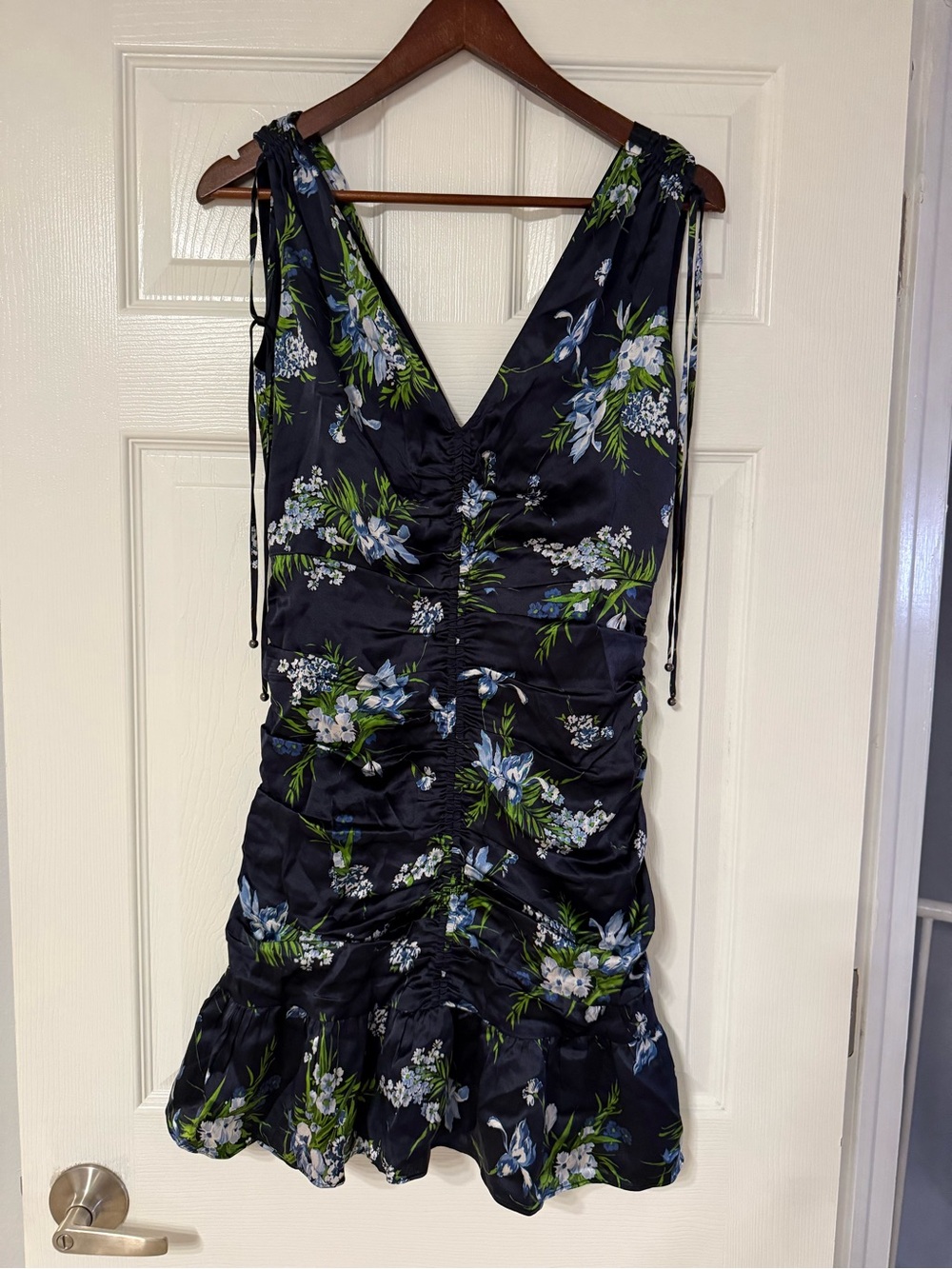 Veronica Beard Navy Floral V-Neck Ruffle Mini Dress